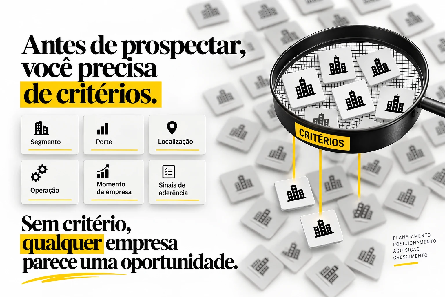 Critérios para selecionar empresas em uma prospecção B2B, incluindo segmento, porte e localização