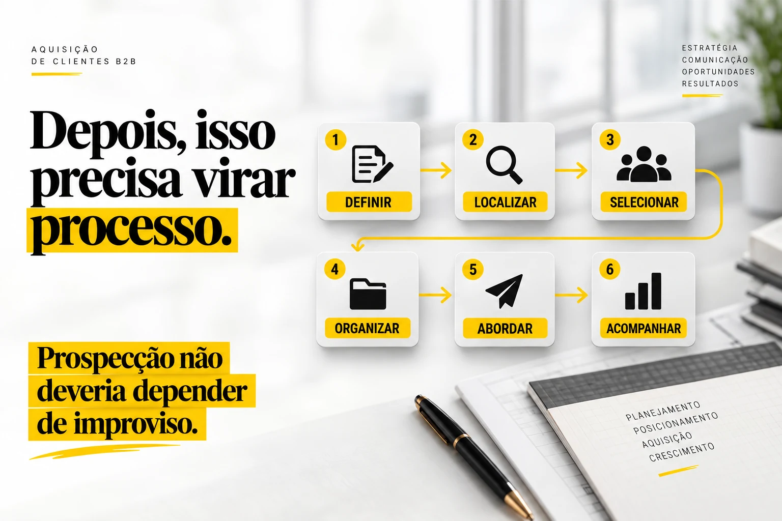 Processo de prospecção B2B dividido em definir, localizar, selecionar, organizar, abordar e acompanhar